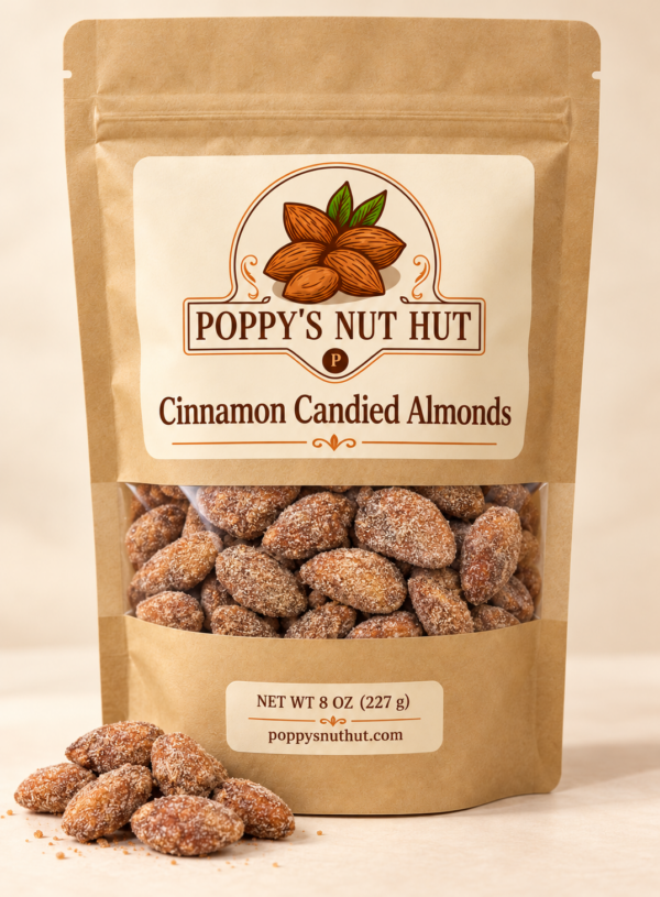 Poppys Nut Hut cinnamon candied almonds in an 8 oz kraft window pouch
