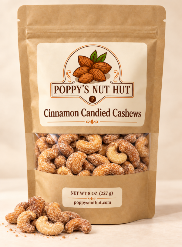 Poppys Nut Hut cinnamon candied cashews in an 8 oz kraft window pouch